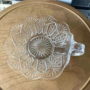 RARE FIND Detailed Glass Clear Dish with Handle, Art, Bowl, Candy, Center Piece